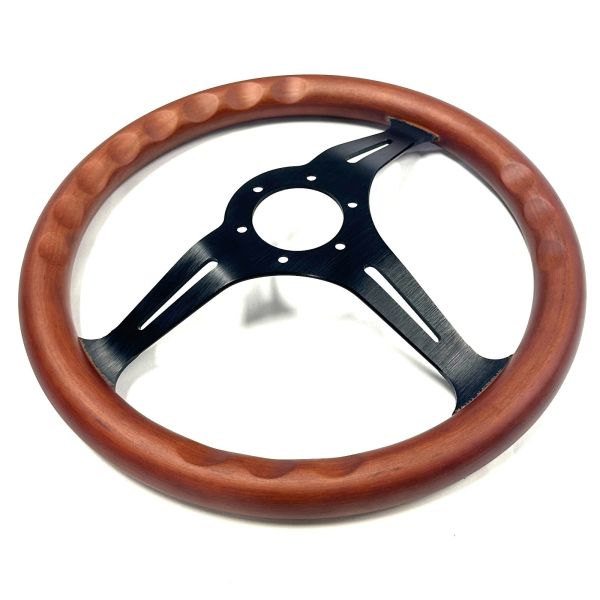 14 Inch  Classic Wood Mahogany Steering Wheel Matte Black Brushed Aluminum Spokes