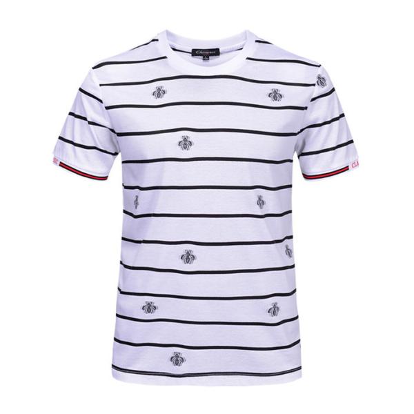Bee Pattern Black And White Striped T Shirt Mens Breathable Bamboo Fiber Material