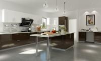 Armário de cozinha moderno de madeira natural com equipamento Blum de mesa de quartzo