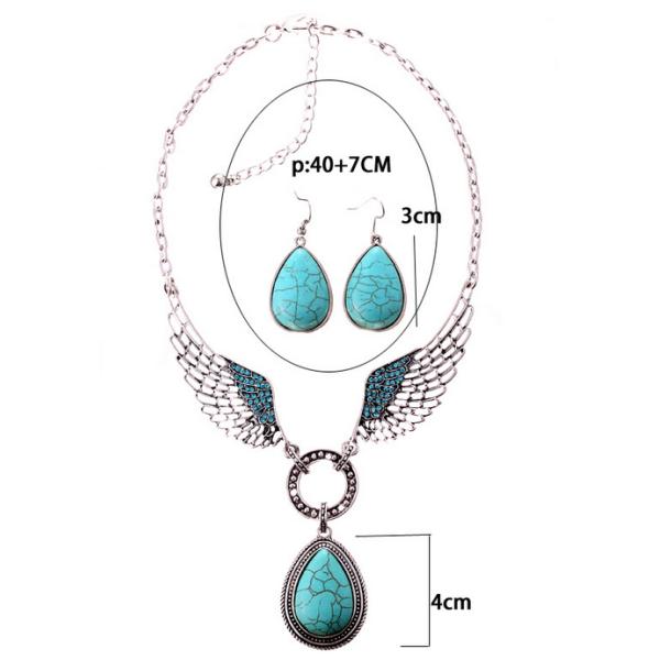 Wings zinc alloy pendant necklace with turquoise water droplets / Necklaces