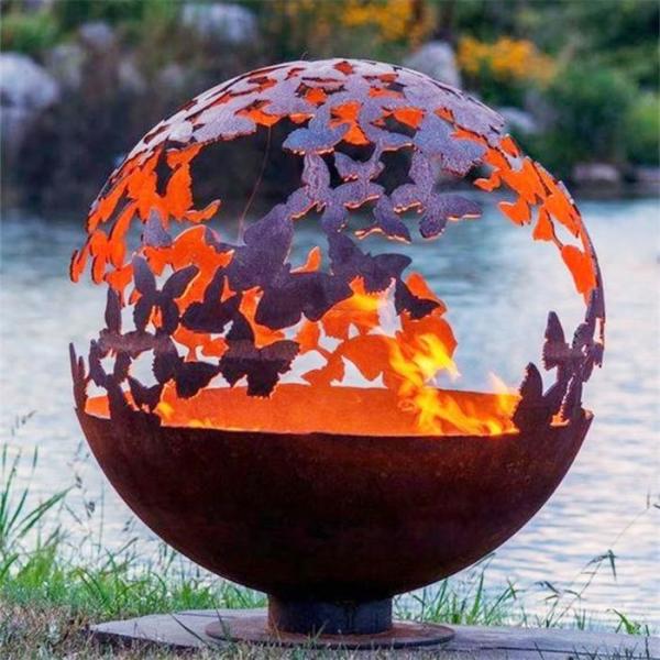 80cm Dia Butterfly Theme Corten Steel Ball Shaped Fire Pit For Patio Heater