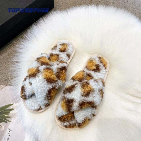 1D0037 Fluffy Opening Toe Flat Lady Winter Fashion Slipper With Strap