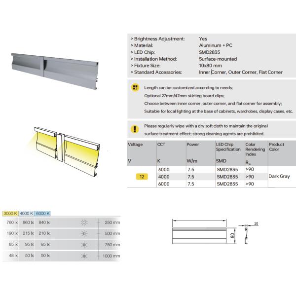 A240H Luz de faldón, Aluminio + PC, SMD2835, montado en superficie, 100-3000 ((L) x 10 ((W) x 80 mm ((H), Ra> 90, DC12V/24V, 5W/M