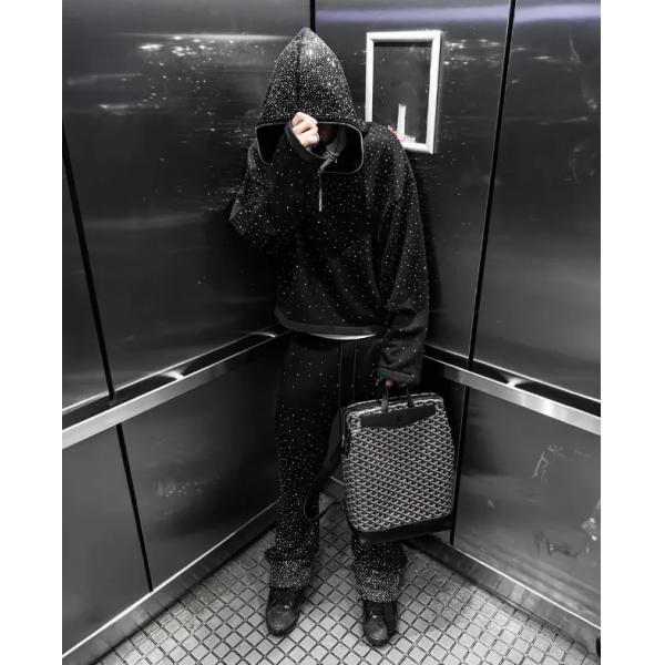 Streetwear custom 380 500gsm men's french terry fleece all over print rhinestone boxy cropped full face half zip up hoodie men