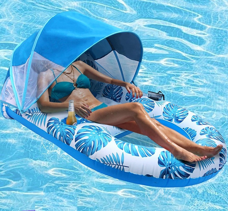 PVC Inflatable Sunshade Floating Bed Canopy Pool Lounge Chair Detachable Floating Raft Backrest Hollow-Design for Beach Water
