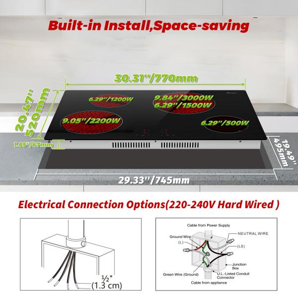 30 Inch Electric Cooktop 220-240V Built-In Ceramic Cooktop Stove Top 4 Burners 6900W
