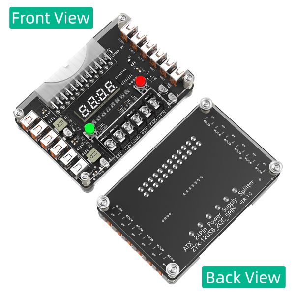 New Version ATX Power Supply Breakout Board with Acrylic Case Kit Featuring 3.3V, 5V, 12V, -12V Output and 12 Ports USB 2.0 Hub with 3A Maximum