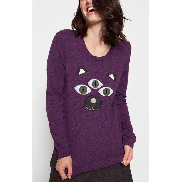 Applique Embroidery Purple Knit Pullover Sweater Cute 12gg Gauge For Winter