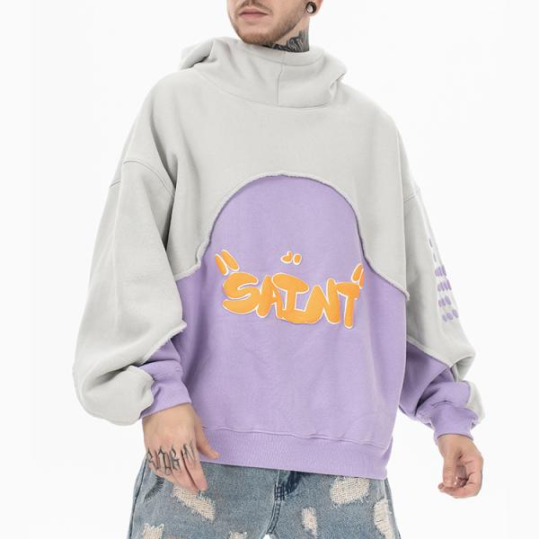 Puff Print Men'S Two Tone Hoodie High Weight Warm Fleece Pullover Hoodie Drop Shoulder