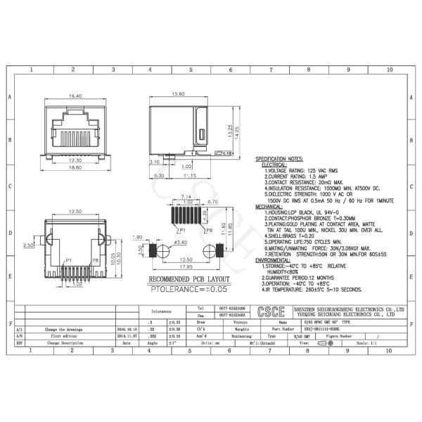 10 / 100Mbps RJ45 Surface Mount Jack , Surface Mount Ethernet Jack ROHS Approved