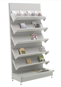 Литература товара белого металла записывает, завертывает положение в бумагу пола стеллажа для выставки товаров журнала