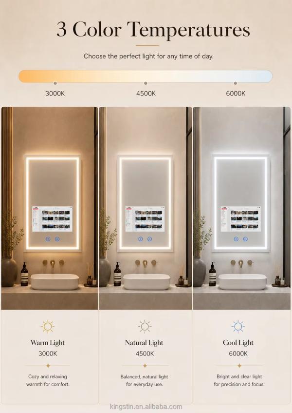 Kingstin Custom Frameless LED TV Bathroom Mirror with 3 Color Temperatures and Defog for Hotels, 