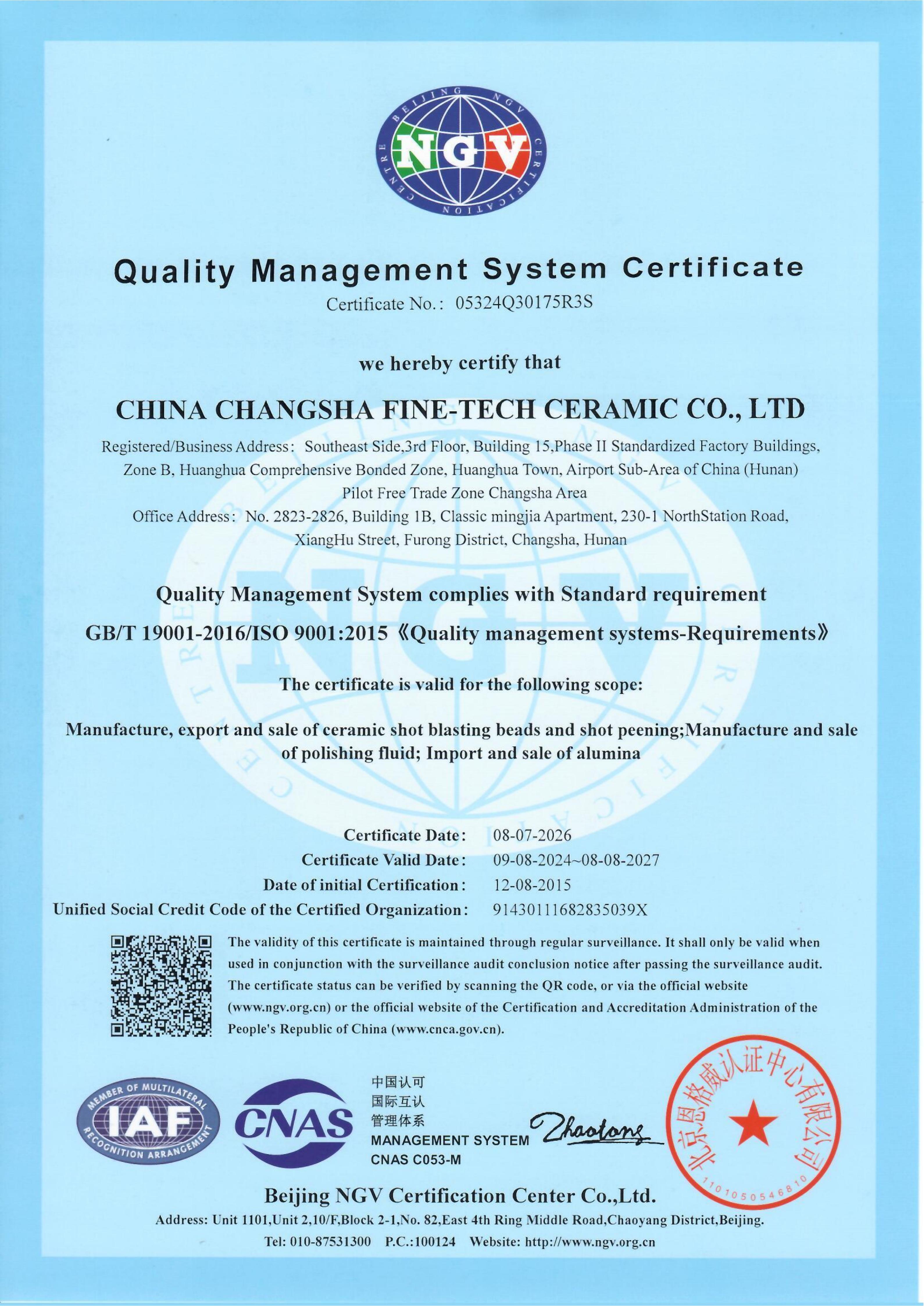 China Changsha Fine-Tech Ceramic Co., Ltd. Certifications