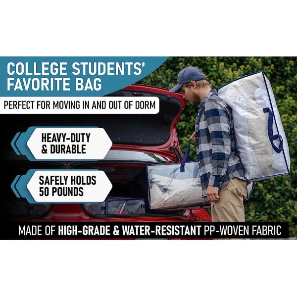 Heavy Duty Extra Large Clear Moving Bags W/Backpack Straps Strong Handles & Zippers, Storage Totes For Space Saving