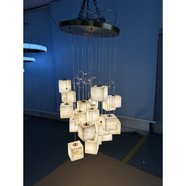 Customized Modern Luxury Square LED Brass Chandelier with Large Alabaster Pendant Adjustable Height for Living Room