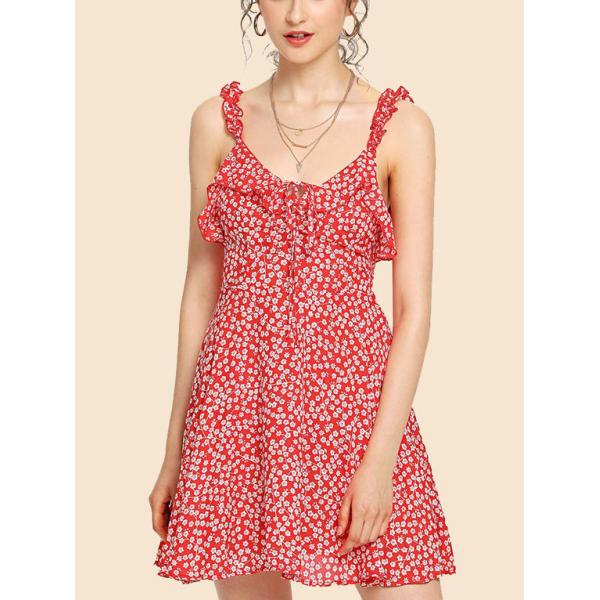 2018 fashion summer ruffle floral red mini backless dress for women