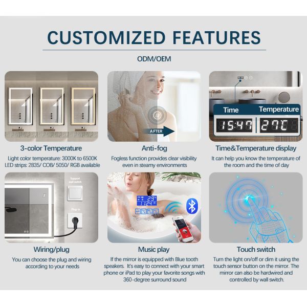 Perimeter Satin LED Border Mirror , Rectangle / Square LED Illuminated Bathroom Mirror