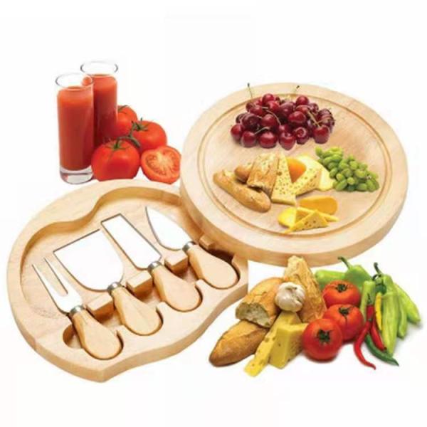 Small Bamboo Meat Charcuterie Cheese Board with Knives Custom Logo Round Pizza Stands
