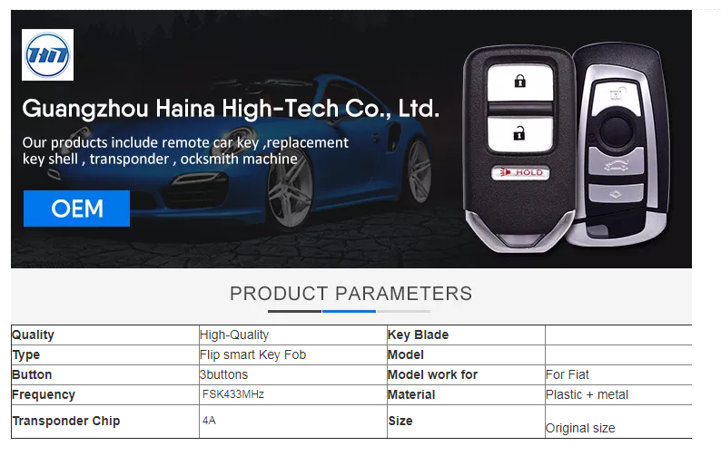 Heynes 3 Buttons 433MHz FSK 4A Chip Smart Remote Key Fob For Fiat Auto Part