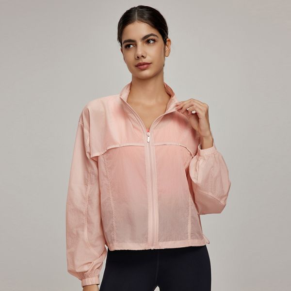 Women's Coral Sheer Nylon Windbreaker Jacket Full Zip Loose Fit for Outdoor Sports