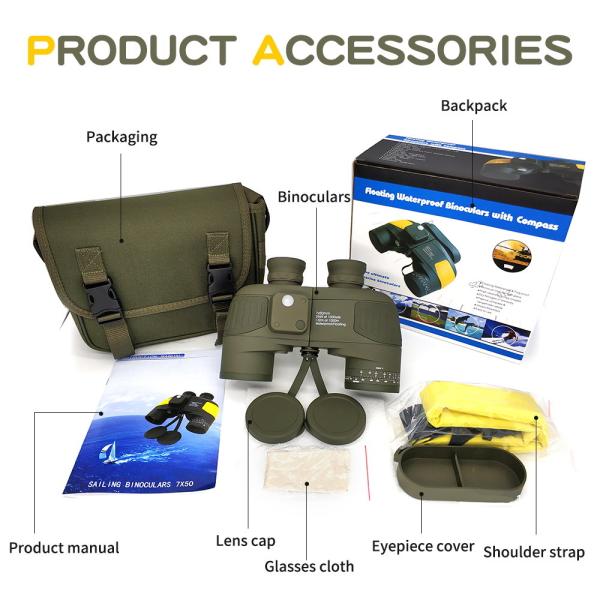 Adults Marine Military 20x50 Binoculars Waterproof With Rangefinder Compass BAK4 Prism FMC Lens