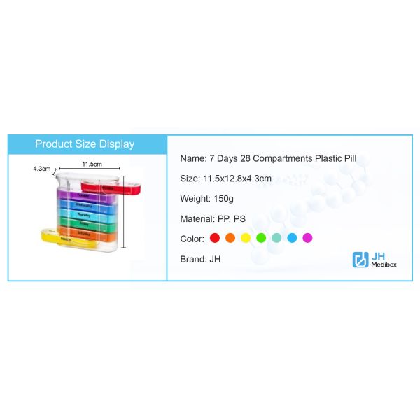 7 Days Plastic Pill Storage Cases Organizer Medicine Storage Dispenser Weekly 7 Days Pill Box 28 Compartments for Home Travel