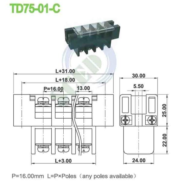 600V PBT 16.00mm Black Cable Panel Mount Feed Through Terminal Block Connector Single Deck