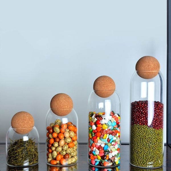 Hand Blown Borosilicate Glass Storage Jars Cork Lid Modern For Freshness Preservation