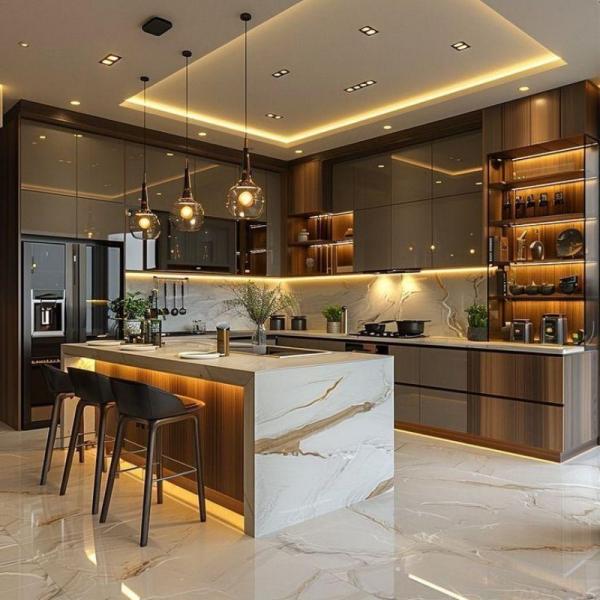Custom Design Stainless Steel Island Kitchen Cabinets Solid Wood Carcass Kitchen Furniture Cupboards With LED Light