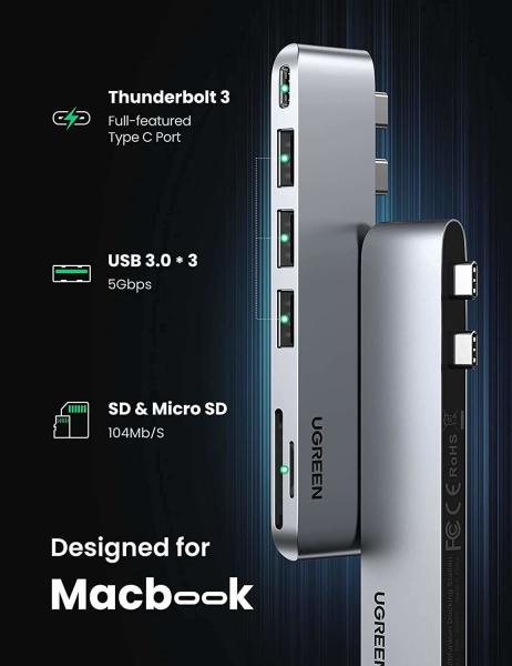Adaptateur USB C pour MacBook Thunderbolt 3 Hub avec 3 USB 3.0 100W Lecteur de carte micro SD