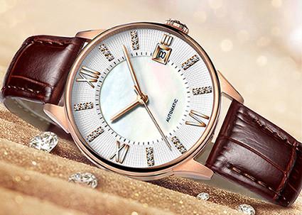 Leather Ladies Wrist Watch  , Two Layers Dial Automatic Mechanical Watch