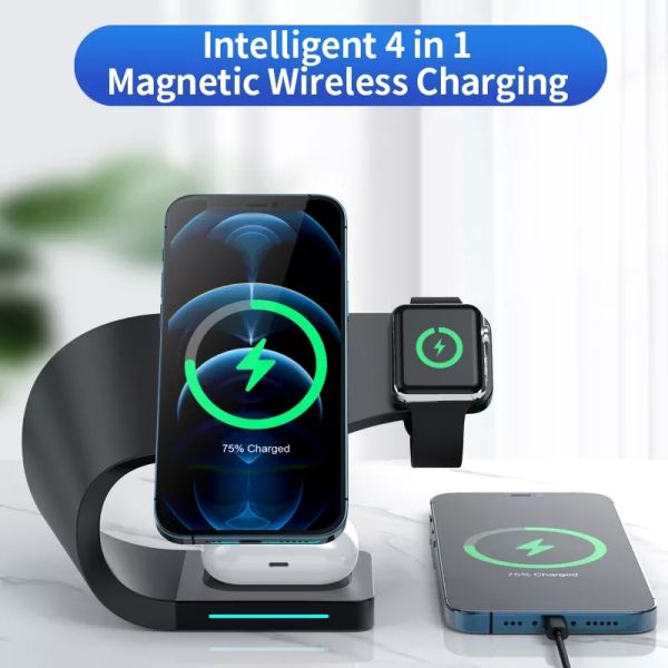Magnetic 4 In 1 Phone Watch Earbud Charger 15W Stand Fast Wireless Charging Dock Station Portable
