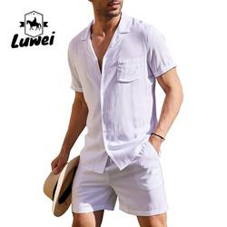 Calções de Verão para Homens Composto Simples Linho Algodão Respirável Cor Sólida Traje de Duas Peças