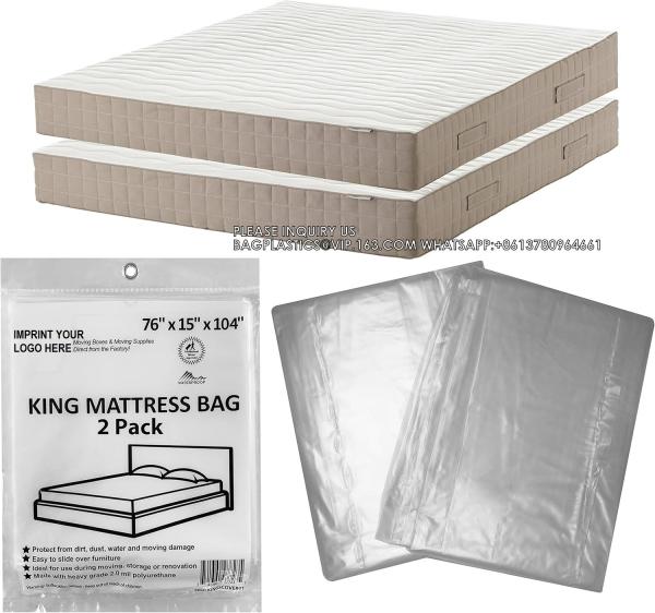 King Mattress Poly Covers, 76 X 15 X 104 Inch, 2 Pack Heavy Duty Pe Clear Plastic Storage Bag Full Spring