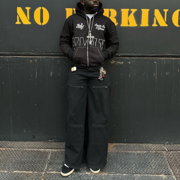 Custom Rhinestone Zip Up Hoodie 450 gsm Thick Heavy Weight Screen Printing Logo Streetwear Zipper Hoodies Men