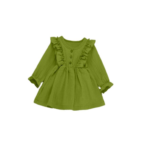 Vestidos longos da guarnição do plissado da luva do tecido de algodão de musselina dos bebês da criança acima dos vestidos do joelho