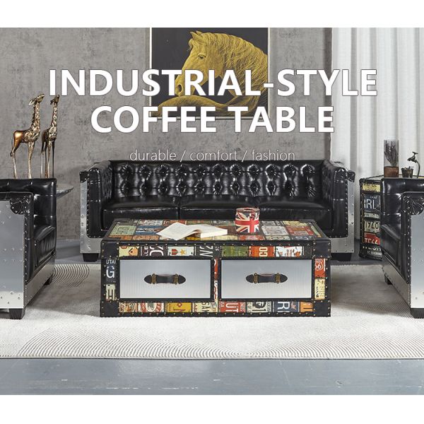 Nidea #312 Handcrafted Durable Multi-purpose Vintage Leather Living Room Cabinet with Retro License Plate Design, Featuring Two Drawers.