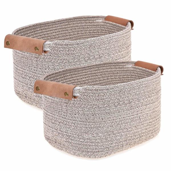 Decorative Containers KingWell Handwoven Storage Basket With Leather Handles