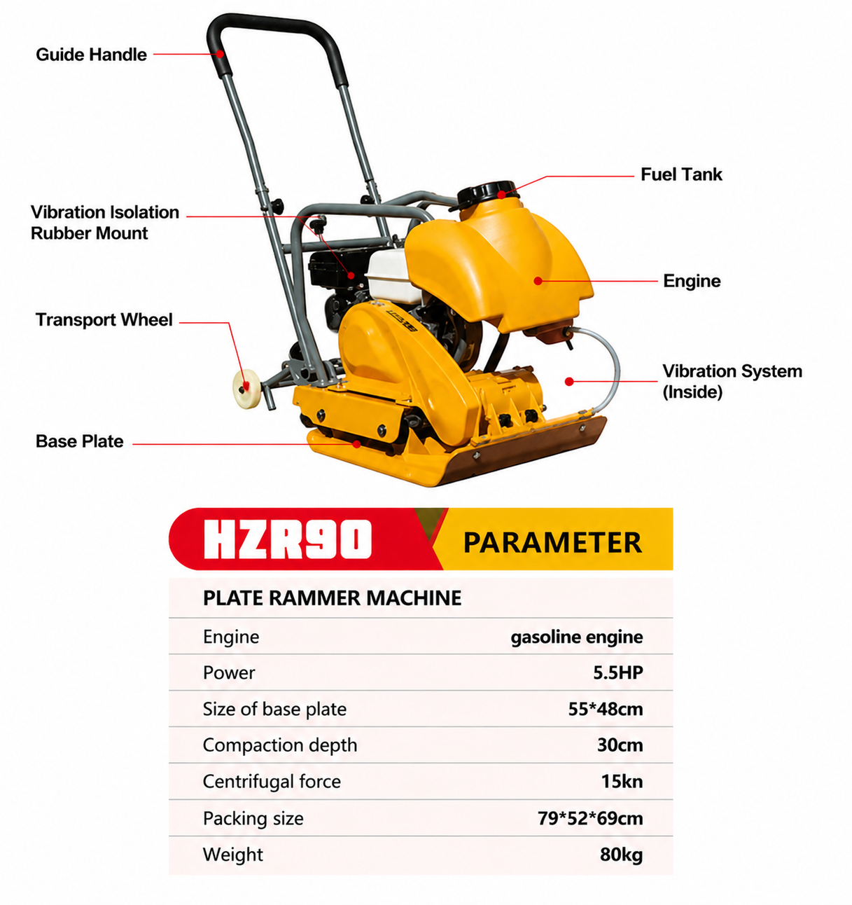 HZR90 80kg Gasoline Vibratory Plate Compactor Small Soil Compaction Machine for Landscaping Road Repair and Construction