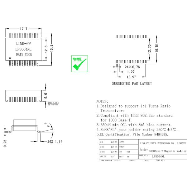 GT0001 100/1000 основание-TX VoIP 24 модуля LP5004NL трансформатора Pin одиночных гаван