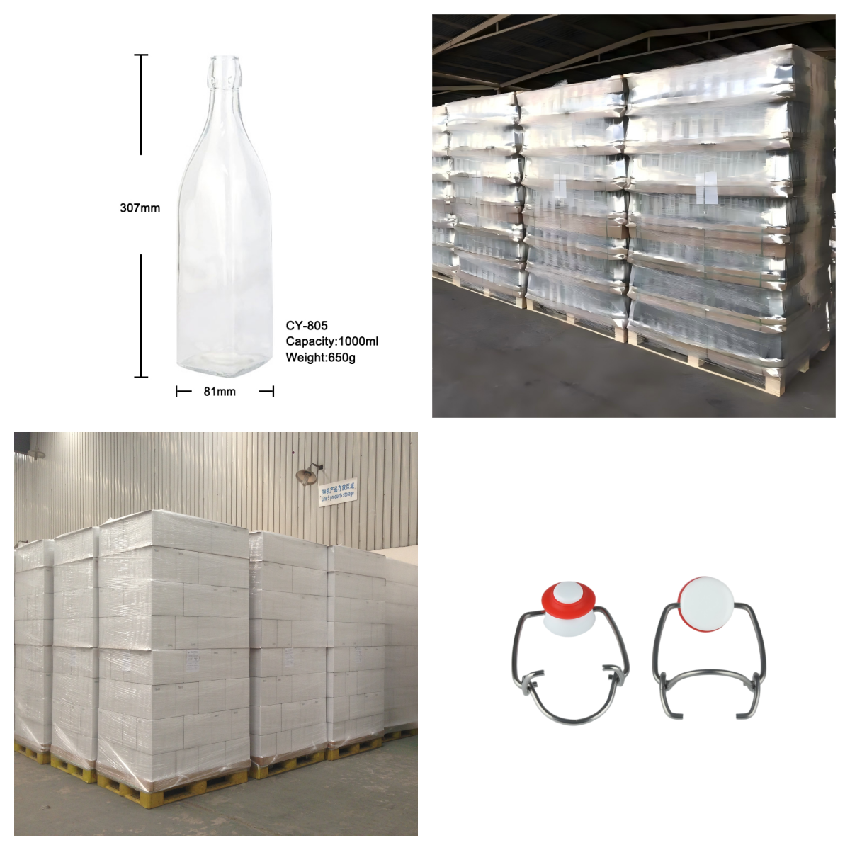 1000ml Flint Square Glass Water Bottle Swing Top For Juice 650g CY-805