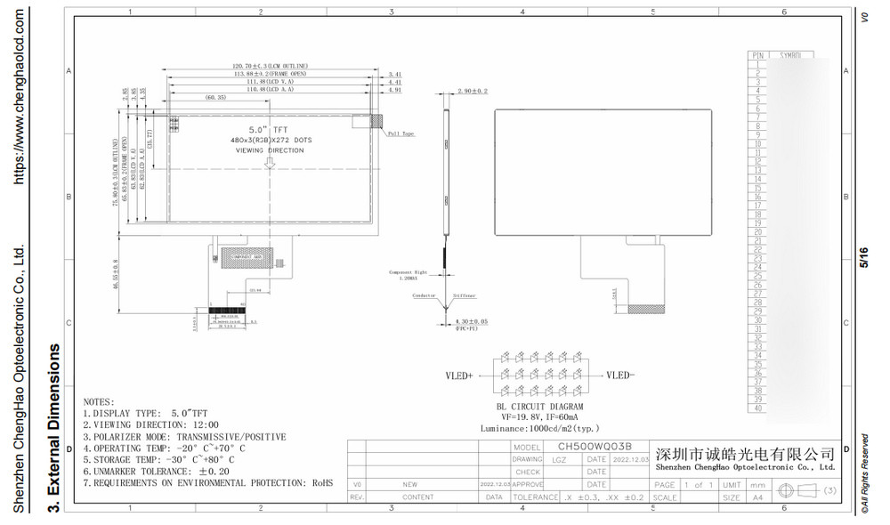 5,0 монитор 480*272 LCD высокой яркости дюйма 40pin ставит точки для медицинского
