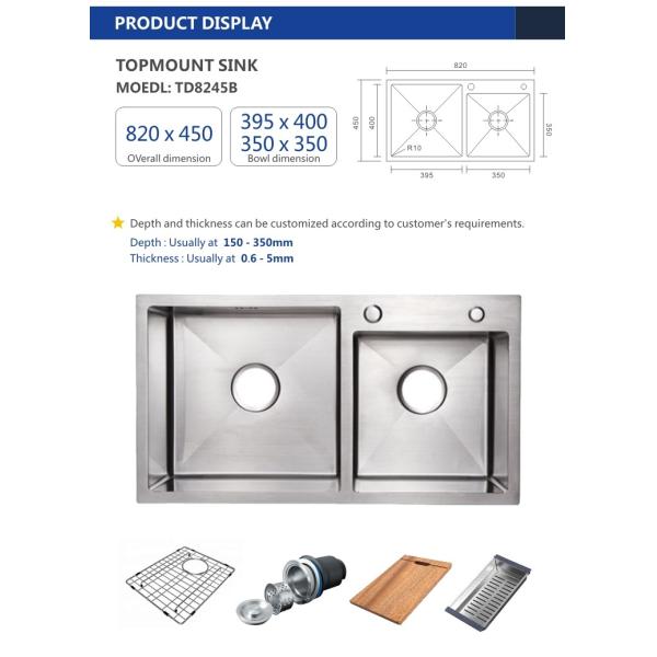 Topmount Stainless Steel Kitchen Sink Brushed Double Bowl 18 Gauge 82x45