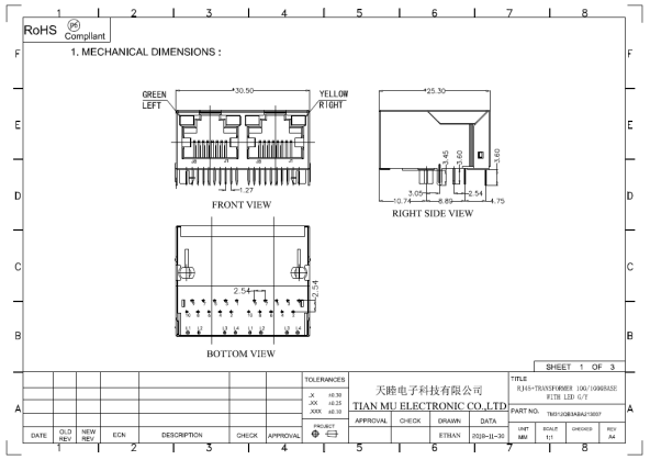 Power Over Ethernet Poe Rj45 Connector With Transformer Single Port 1X2 Tab Up
