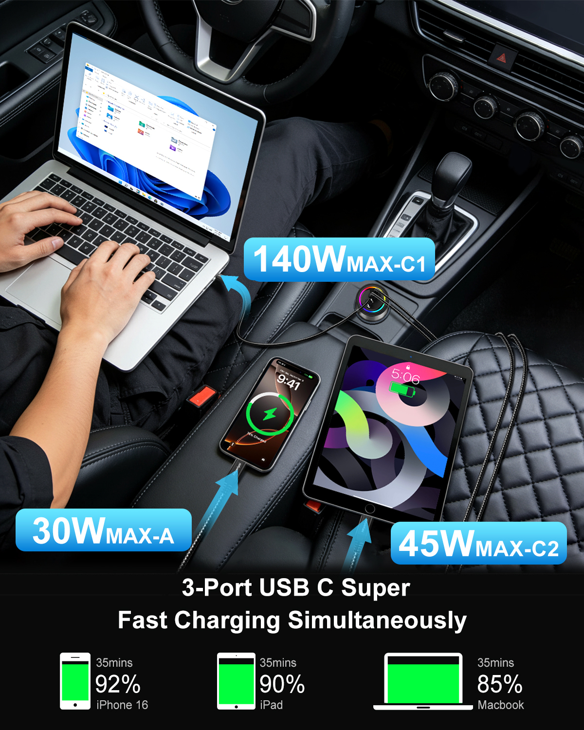 High Speed USB C Car Adapter 12V / 24V Compact Car Charger 175W