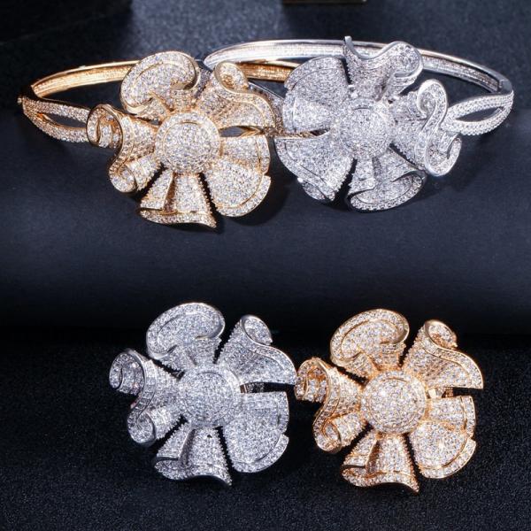 Flower Cubic Zirconia Bangle CZ Zircon Crystal Flower Bracelets for Women Wedding Bridal Bracelets Jewelry