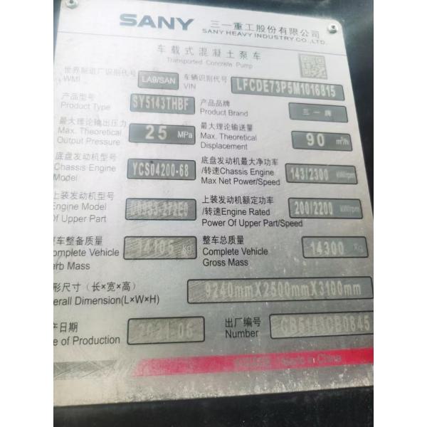 2021 Pompe à béton à ligne utilisée Sany 9025 City Pump Truck Machine à béton