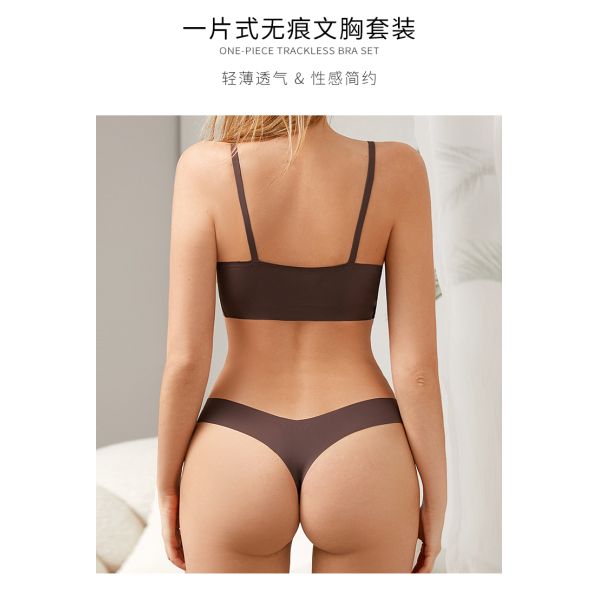 High Quality Women Seamless Bra Thong Set Wire Free Bra Solid Color Underwear Set for Ladies