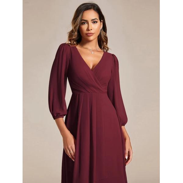 Elegant Empire Long Sleeve V-neck High Low A-line Ruffled Midi Burgundy Chiffon Wedding Guest Cocktail Dress