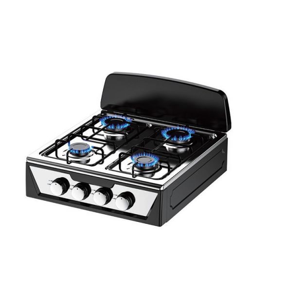 Réchaud à gaz quatre brûleurs haute puissance pour camping en acier inoxydable, 4 plaques